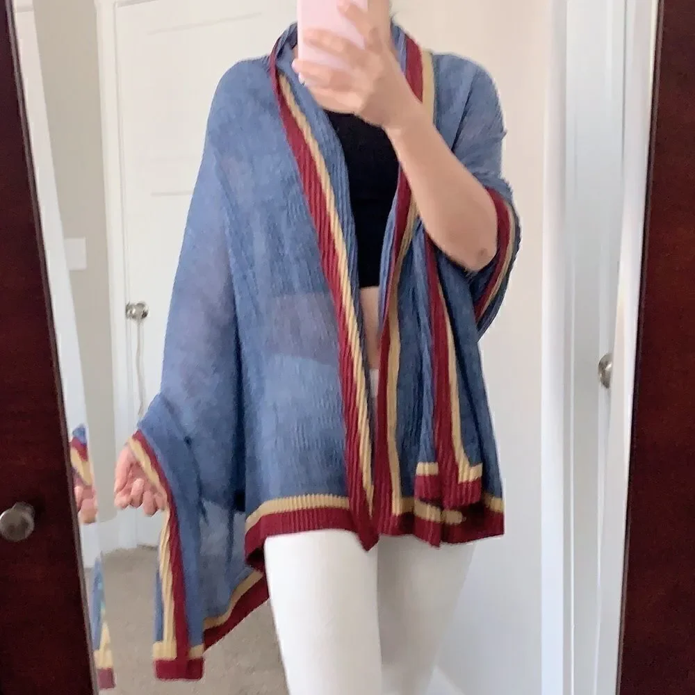 Colorblock Handmade Vintage Style Large Size Shawl/Wrap With Pleated Textured